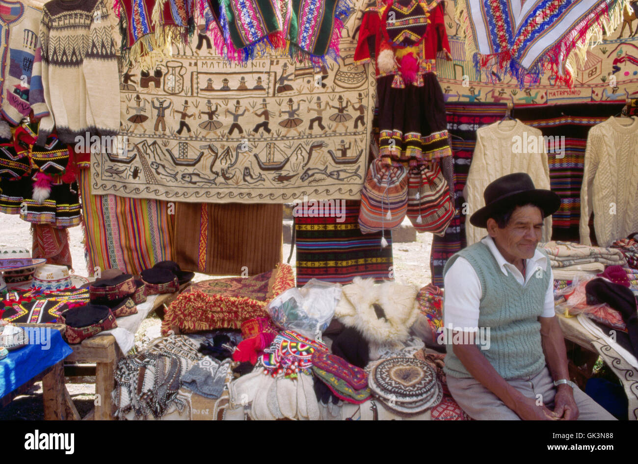 ca. 1980-1995, Pisac, Peru --- Knitted and woven goods for sale at a craft market in the Peruvian town of Pisac. --- Image by © Stock Photo