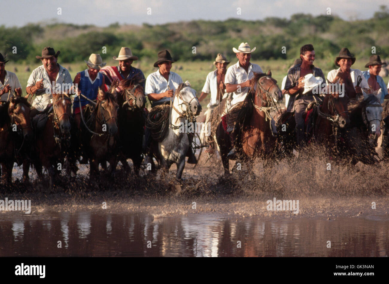 ca. 1985-1995, Colombia --- Colombian ganderos, cattle herders, ride their horses across water on the llanos of Casanare. | Loca Stock Photo
