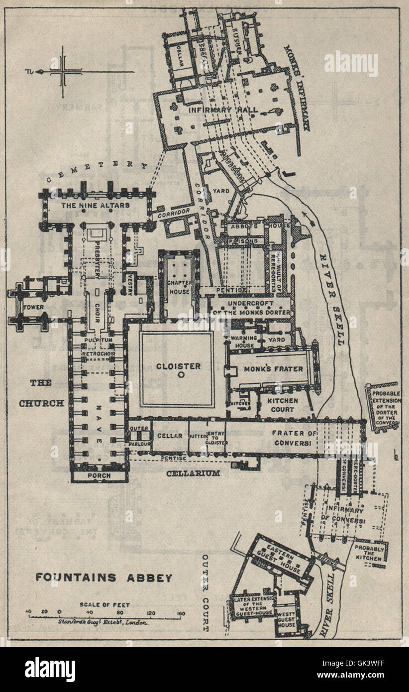 Fountains Abbey Ground Plan Yorkshire 1939 Vintage Map Stock Photo fountains-abbey-ground-plan-yorkshire-1939-vintage-map-stock-photo
