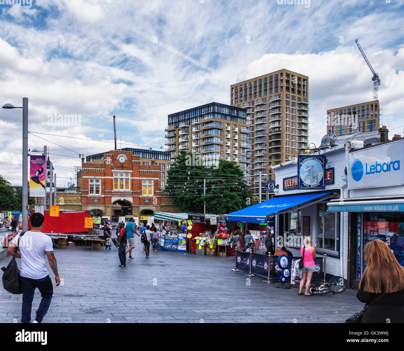 Royal Arsenal Gatehouse, Historic brick building and market stalls in Beresford Square, Woolwich