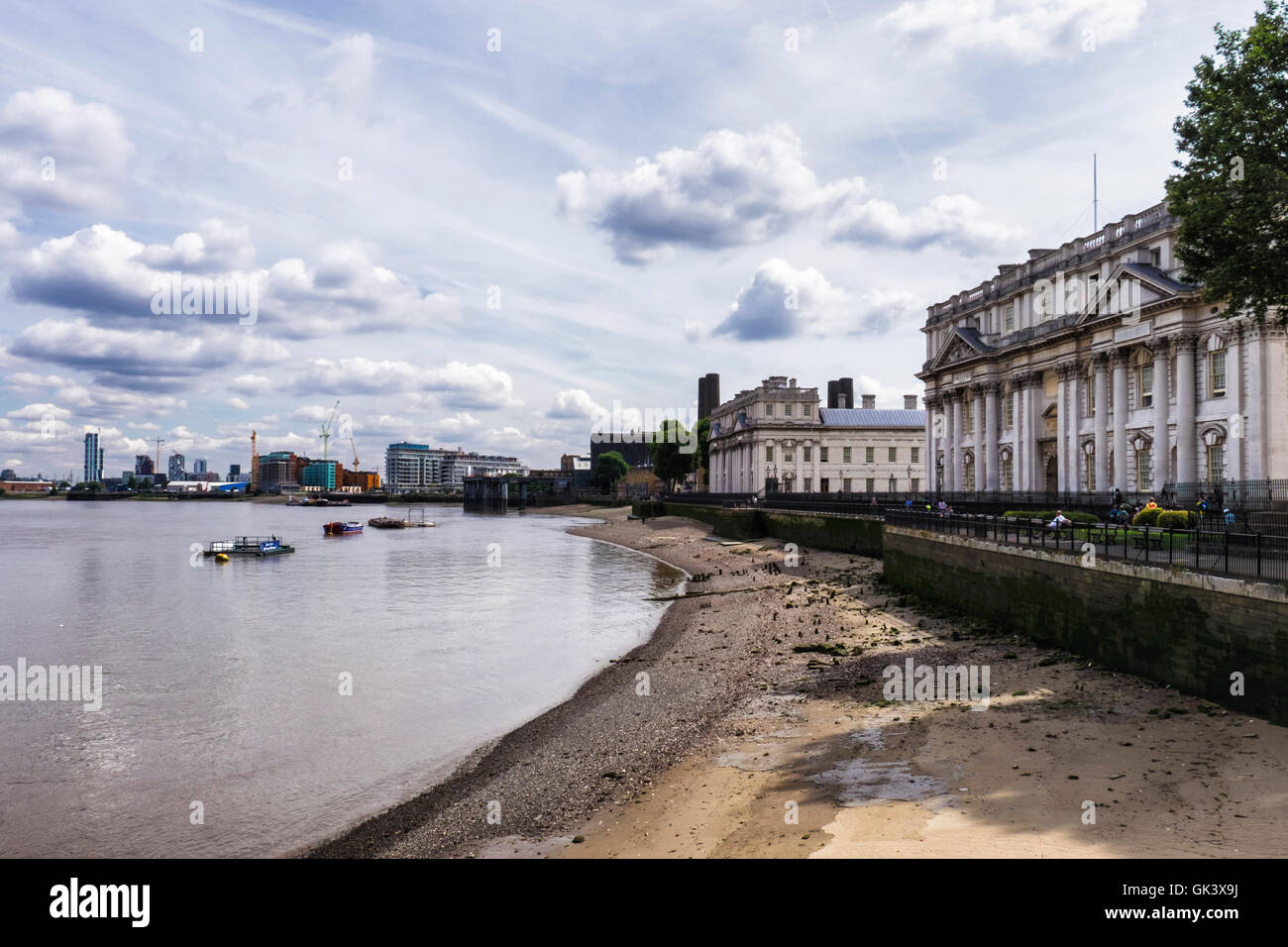 London Greenwich. Landscape Thames riverside view with Old Royal Naval ...
