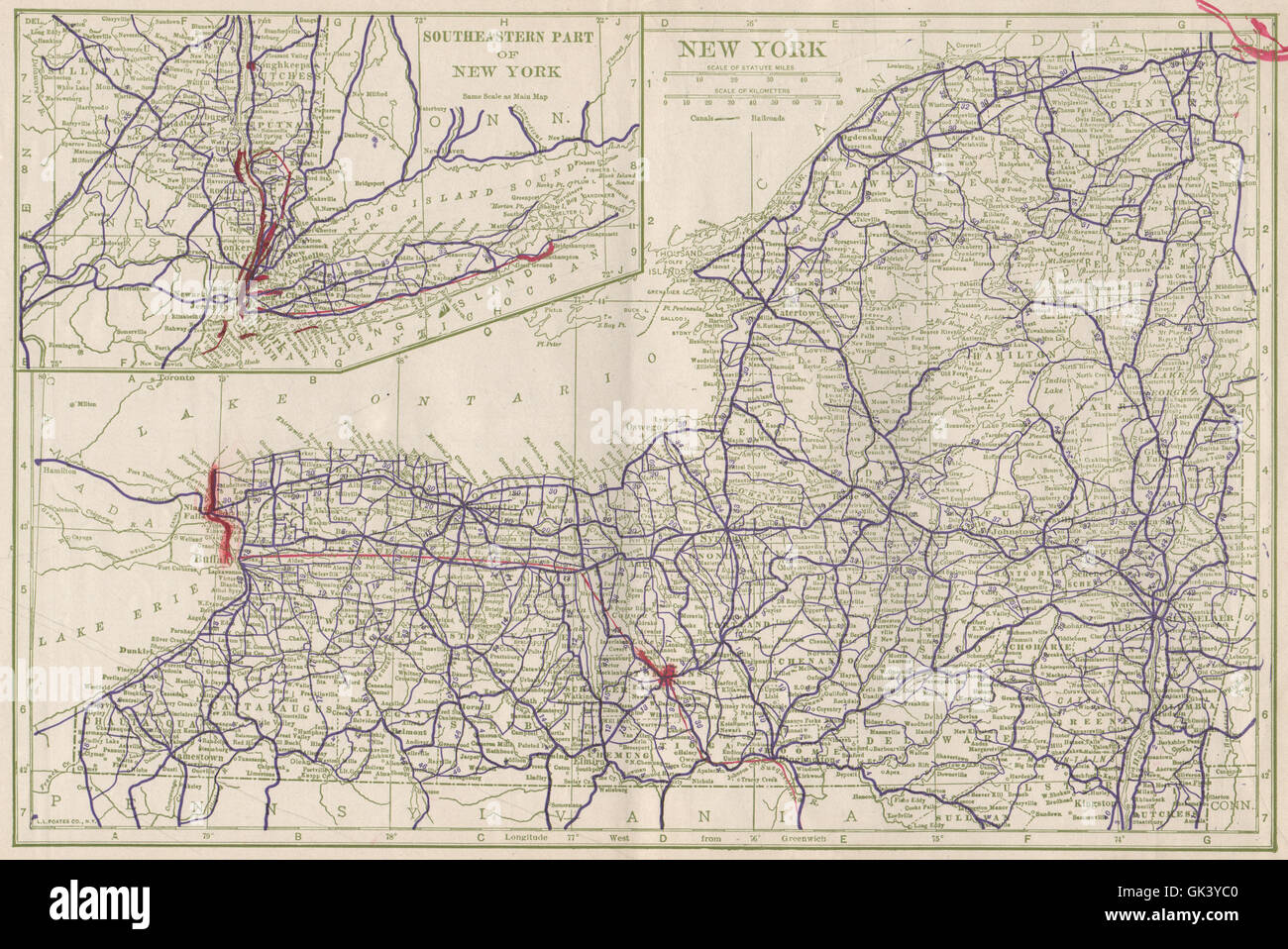 New York state State Highways. POATES, 1925 vintage map Stock Photo