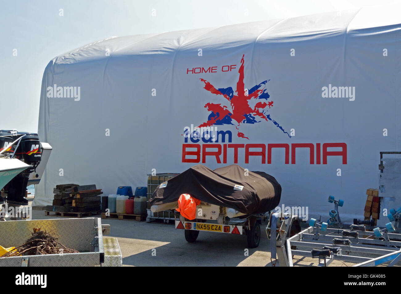 Construction of Team Britannia aluminium round the world record powerboat taking place at ABC Marine, Hayling Island Stock Photo
