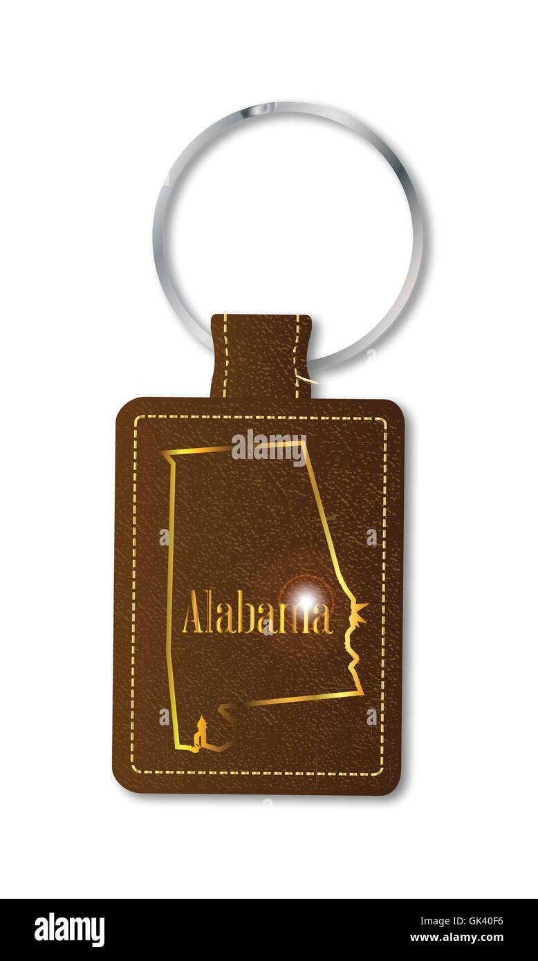 A brown leather key fob and ring over a white background with the text Alabama Stock Vector