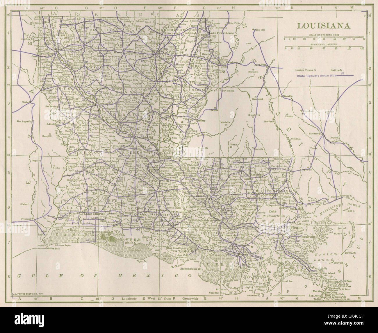 Louisiana State Highways Poates 1925 Vintage Map Stock Photo Alamy