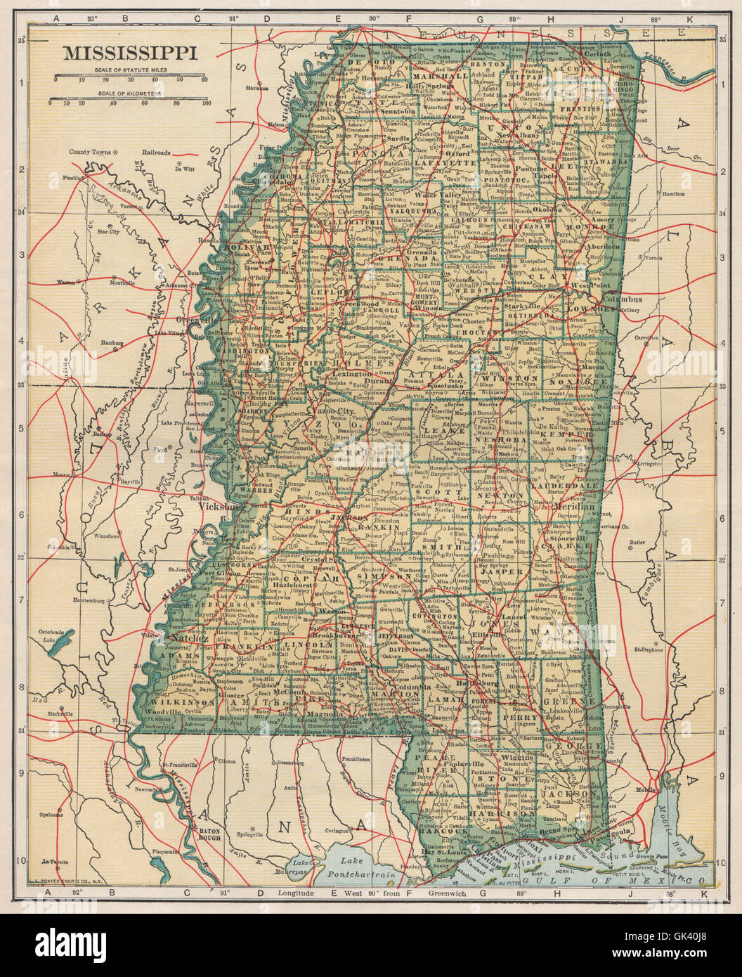 Mississippi state map showing railroads. POATES, 1925 Stock Photo