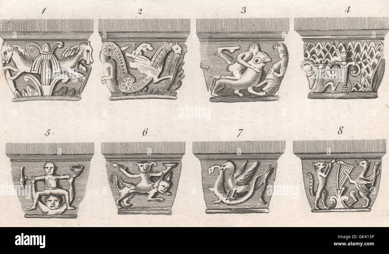 Capitals in Grymbalds Crypt, Oxford. French Church'. GOSTLING, old print 1825 Stock Photo
