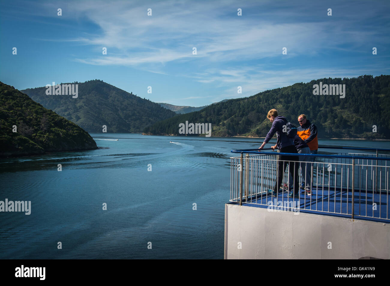 Cook Strait, New Zealand - March 5, 2016: Passengers on ferry traveling from Wellington to Picton via Marlborough Sounds, NZ Stock Photo