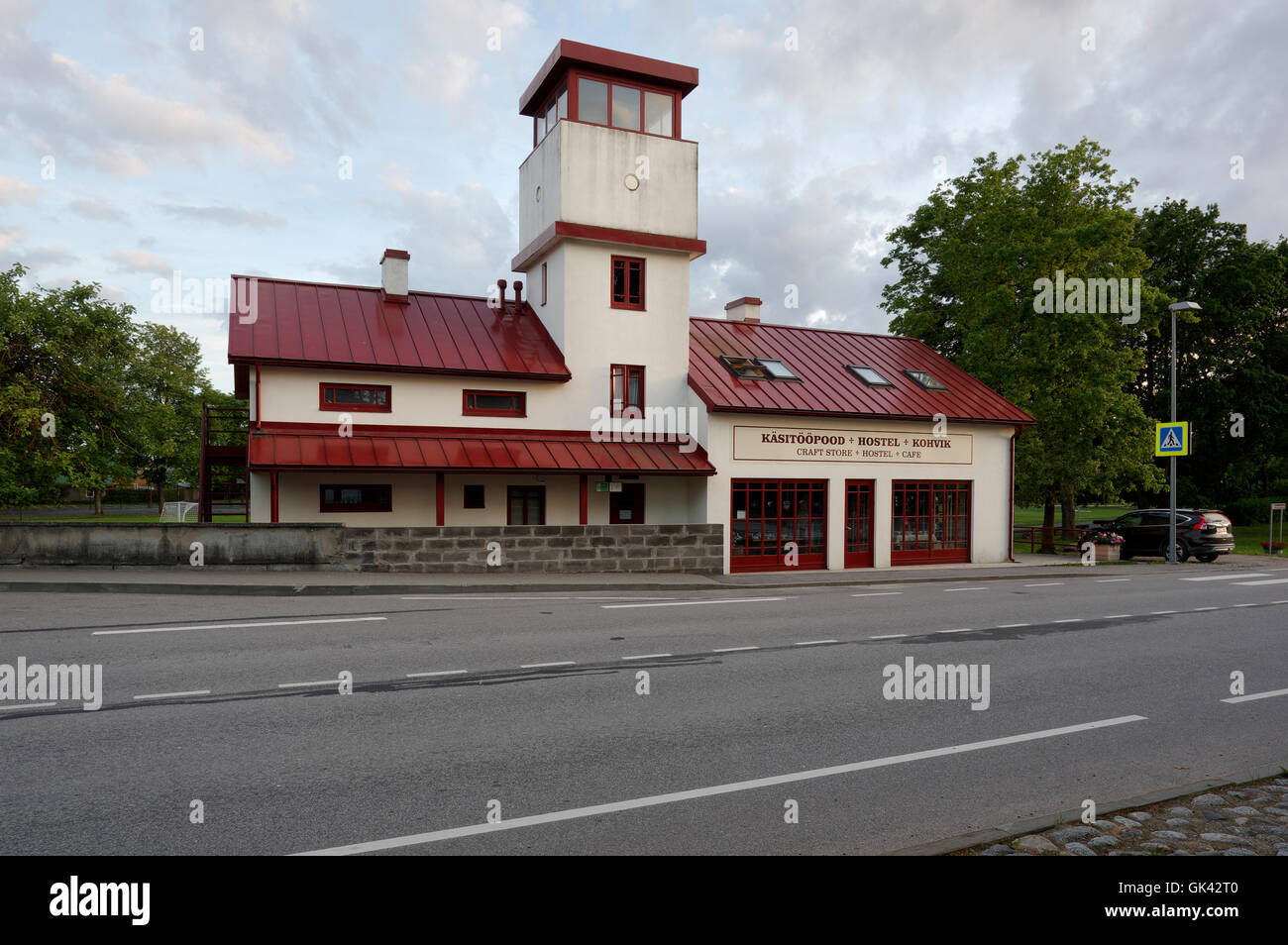 Old Fire station in Orissaare currently serves as a hostel and a cafe. Orissaare,Island Saaremaa, Estonia Stock Photo