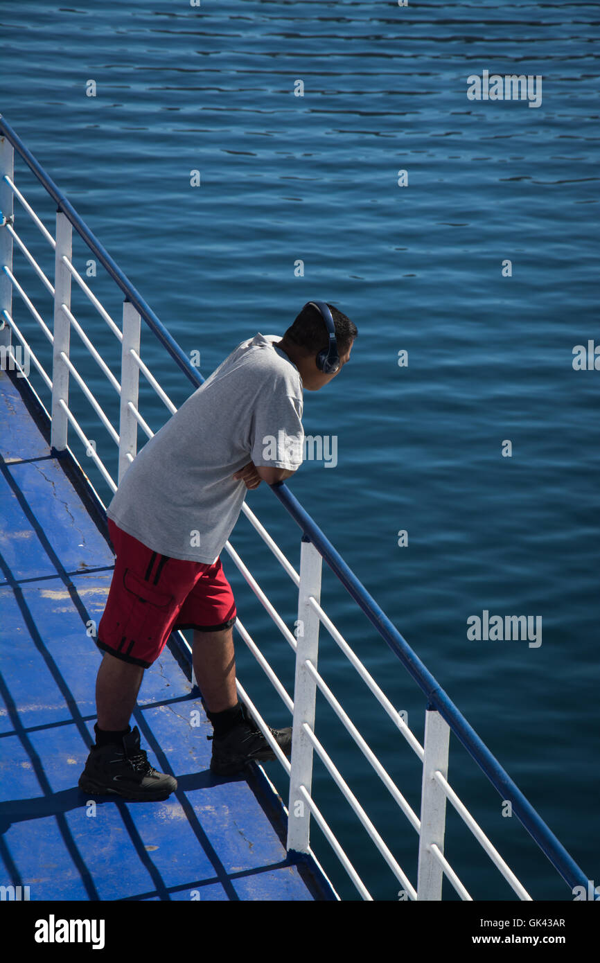 Cook Strait, New Zealand - March 5, 2016: Passenger on ferry traveling from Wellington to Picton via Marlborough Sounds, NZ Stock Photo