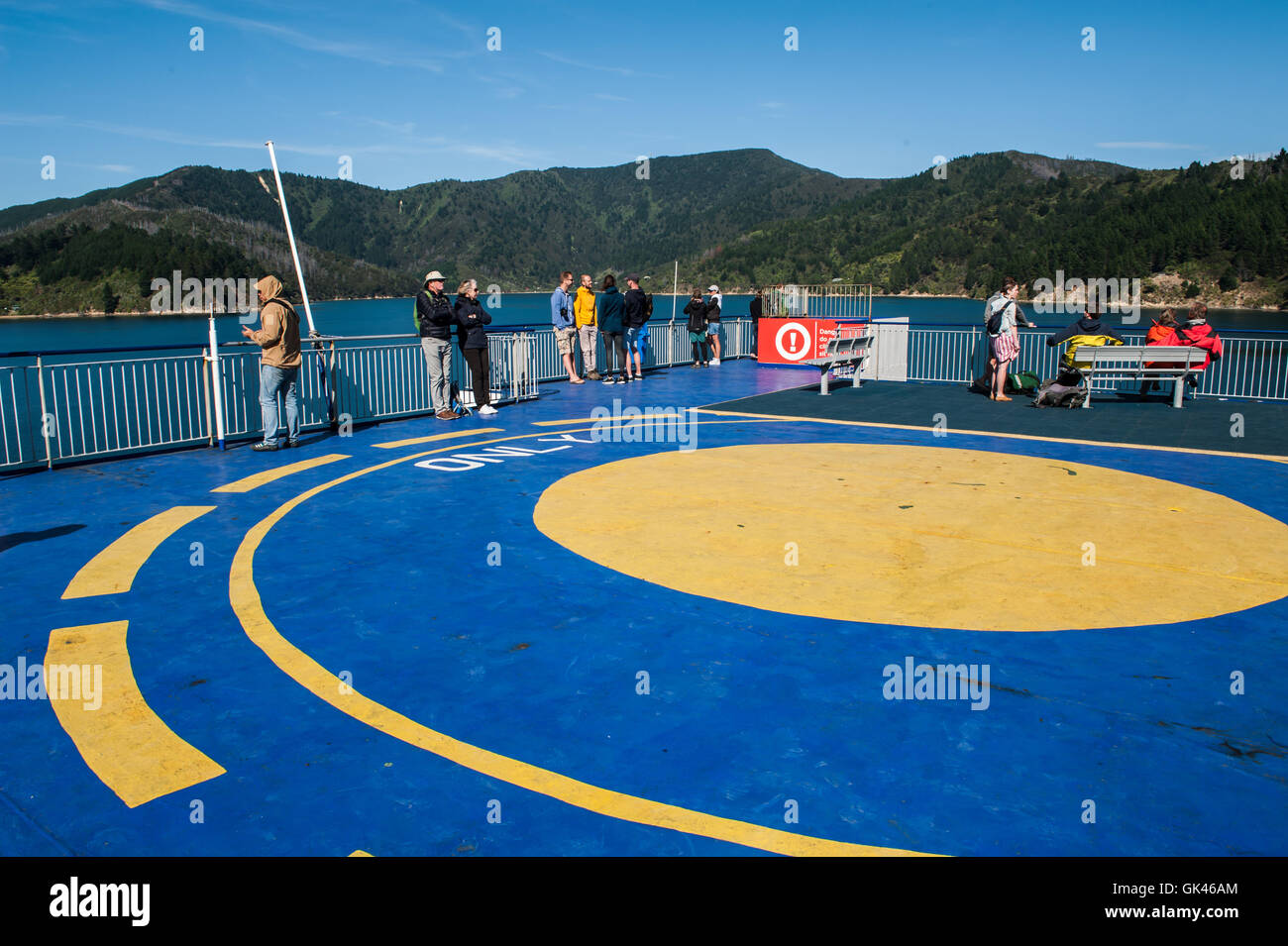 Cook Strait, New Zealand - February 4, 2016: Passengers on ferry traveling from Wellington to Picton via Marlborough Sounds, NZ Stock Photo