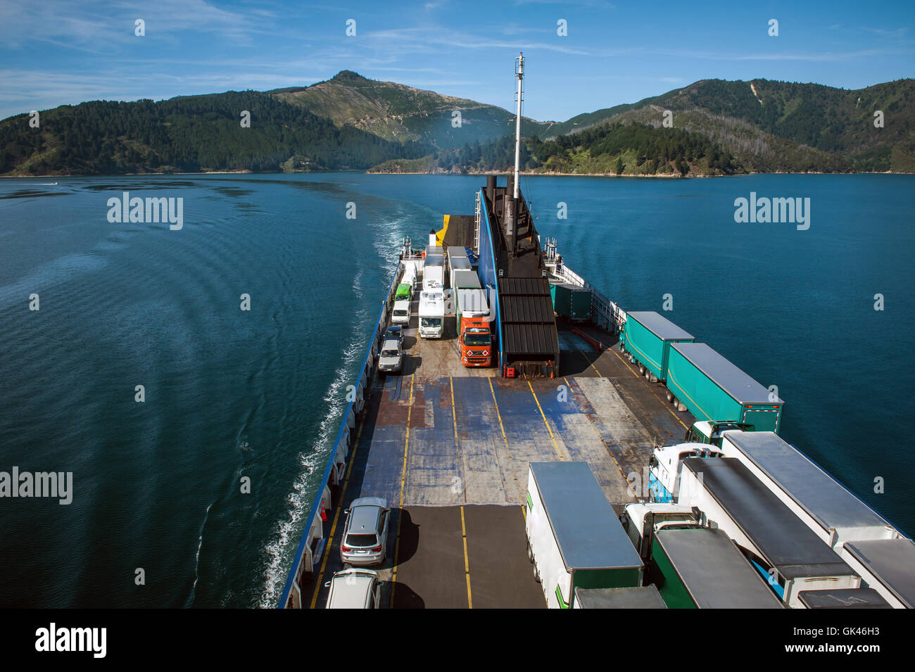 Ferry loaded with trucks and cars traveling from Wellington to Picton