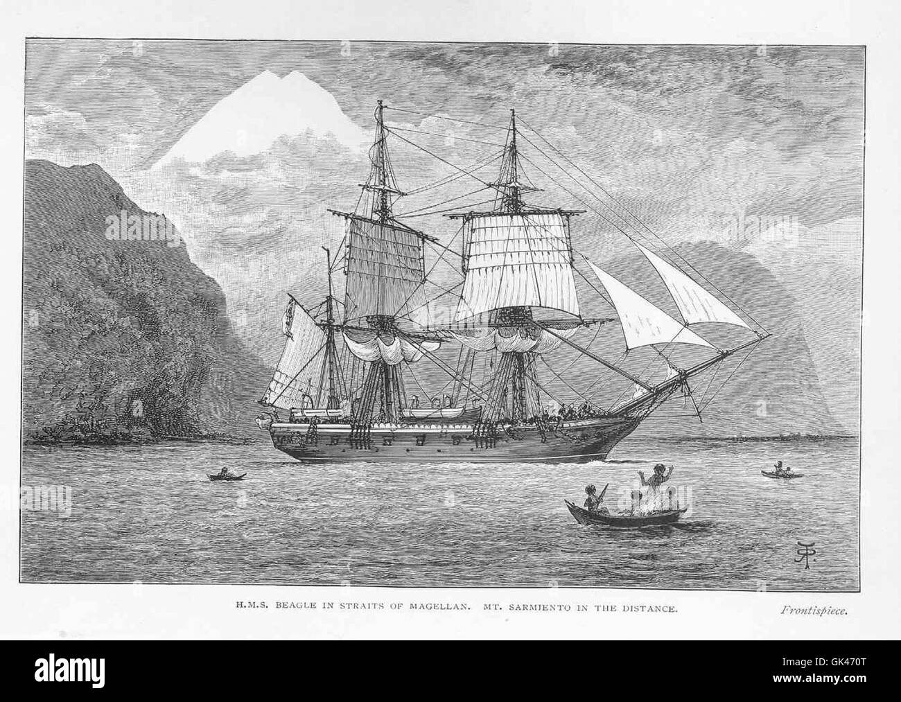 47233 HMS Beagle in Straits of Magellan Mt Sarmiento in the Distance Stock Photo