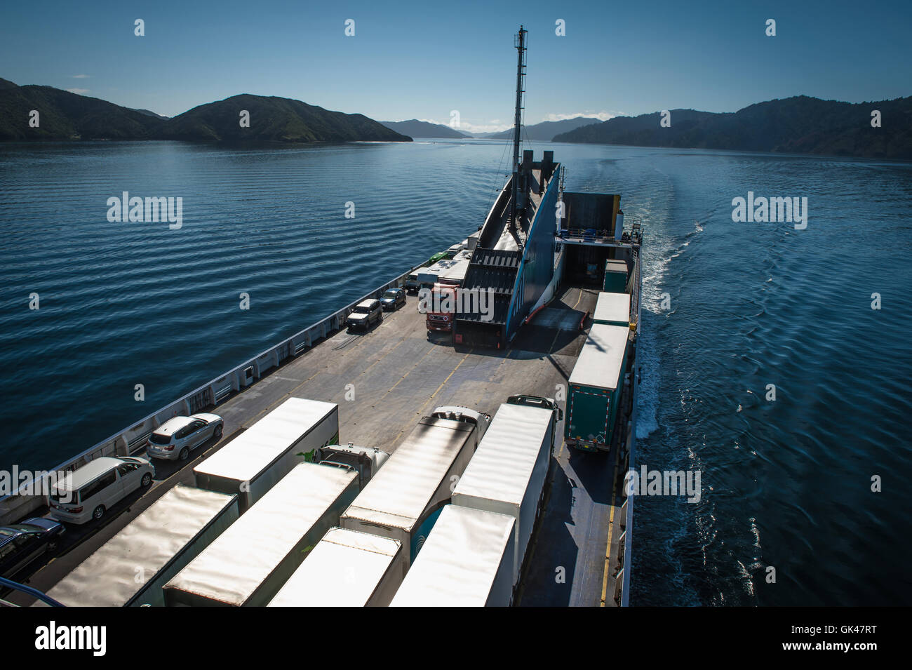 Ferry loaded with trucks and cars traveling from Wellington to Picton
