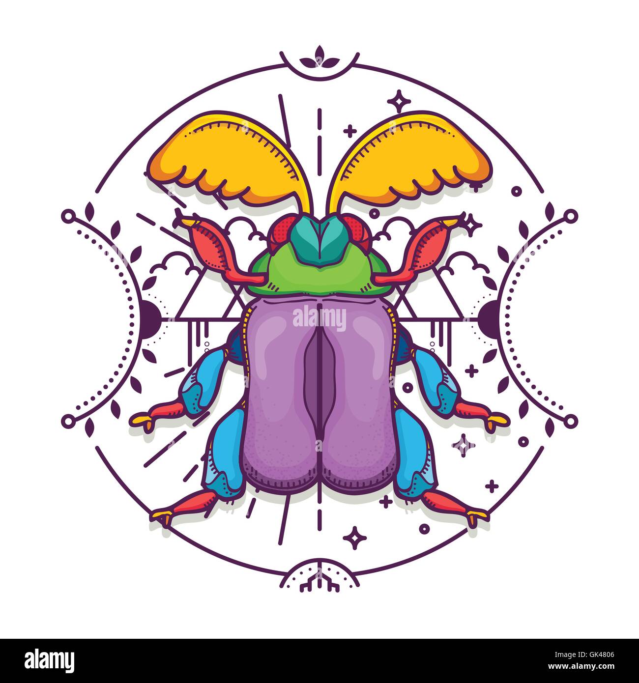 Vector Illustration of Beetle Design Elements with Line Graphic. Circle life Day and Night in Nature Concept Stock Vector