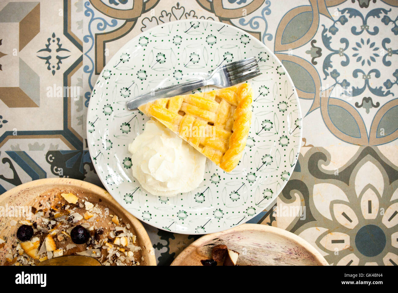 Selective focus Coconut pie with coconut cream and meringue. Stock Photo