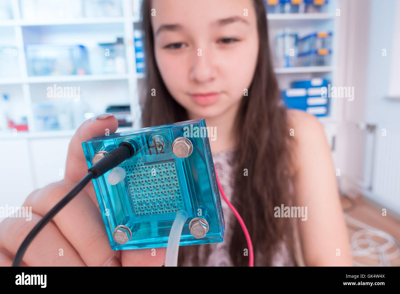 Student teen girl with experiment PEM proton exchange membrane reversible fuel-cell Stock Photo