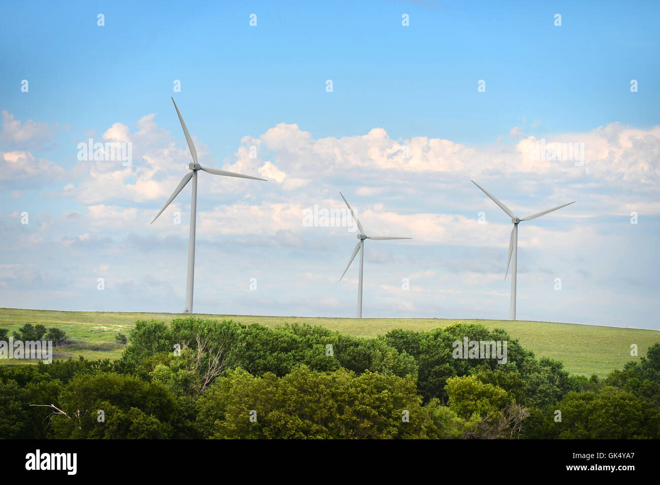 Wind turbines in open field in Kansas Stock Photo