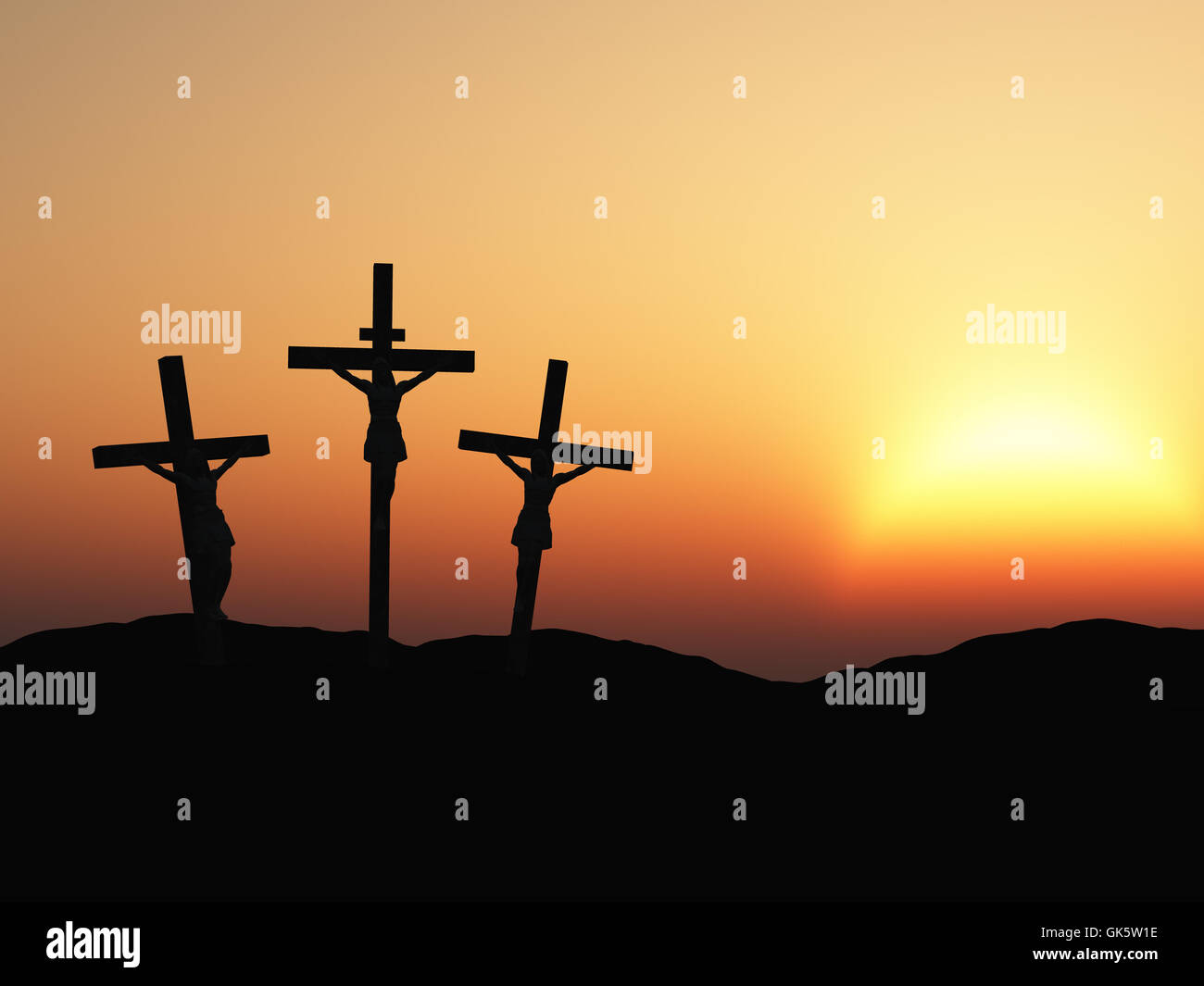 crucifixion and red sunset Stock Photo