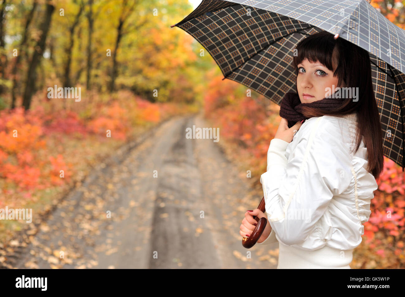 The girl in an autumn wood with a umbrella Stock Photo - Alamy