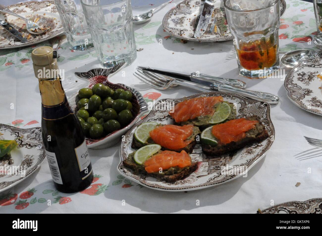 Smoke salmon, olives and summer beverages, at the Chap Olympiad. Stock Photo