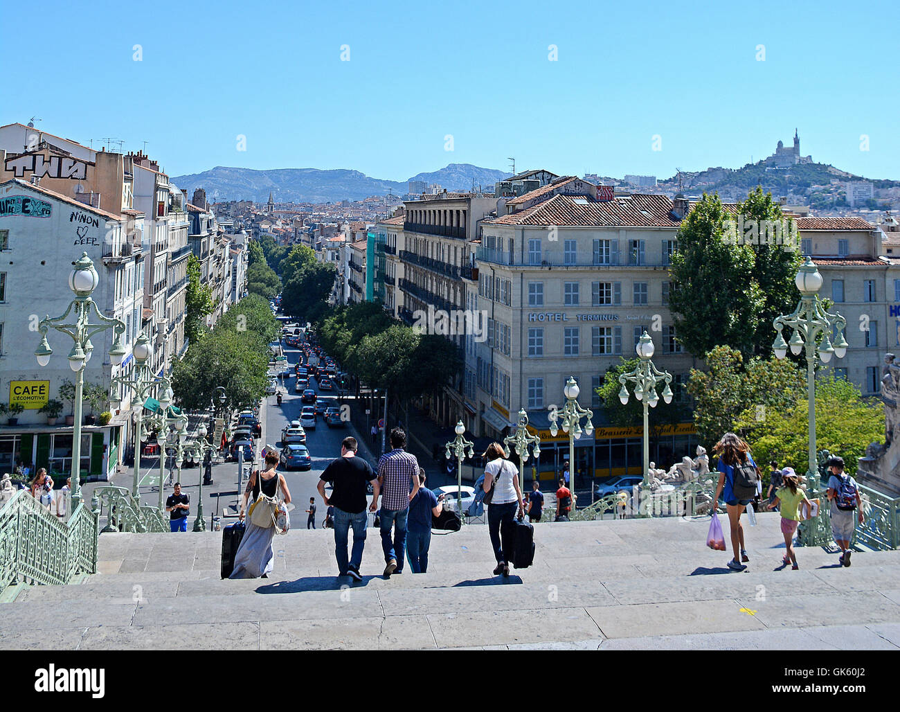 travelers leaving Saint-Charles railway station Marseille Bouches-du-Rhone France Stock Photo