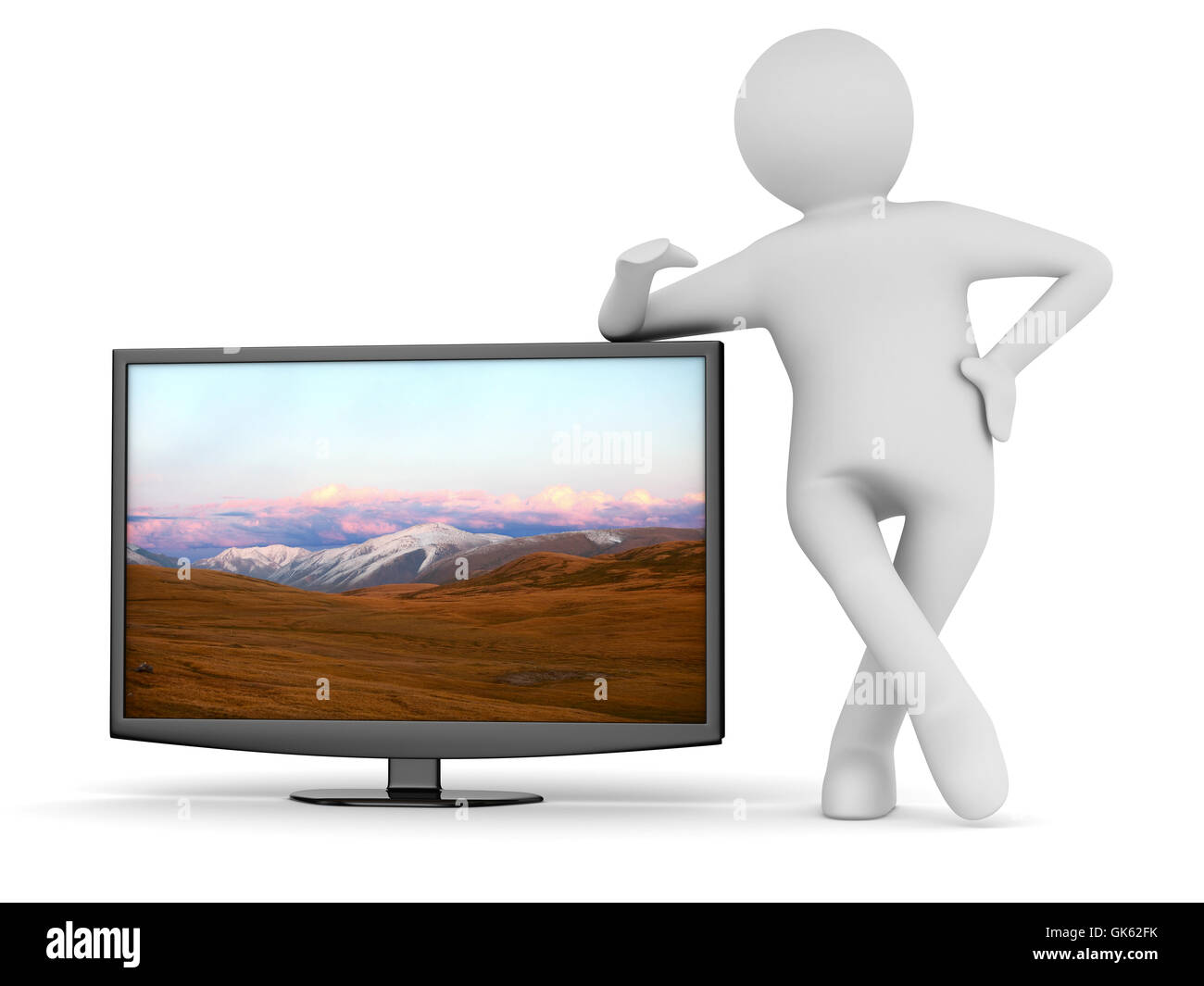 TV and man on white background. Isolated 3D image Stock Photo