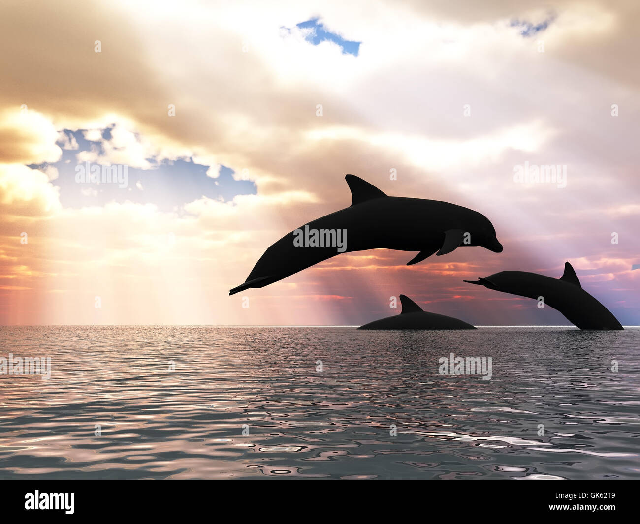 three dolphin and fantastic sky Stock Photo
