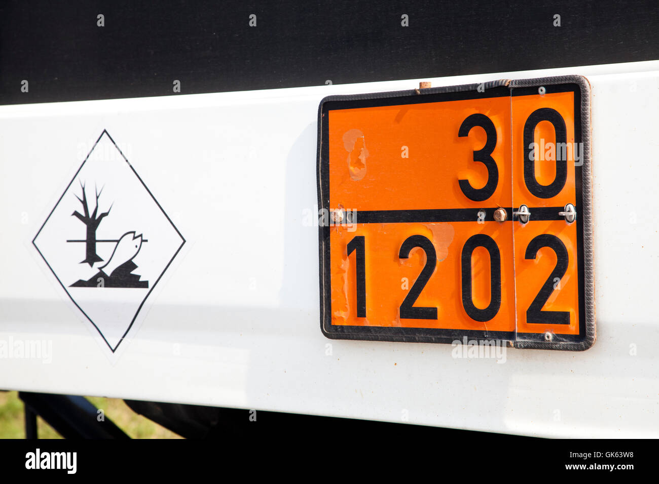 un hazard sign with the danger number 30 and hazardous substance number 1202 (hazardous substances Stock Photo