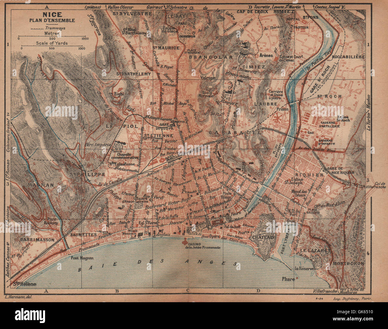 NICE vintage town city plan d'ensemble de la ville. Alpes-Maritimes, 1925 map Stock Photo