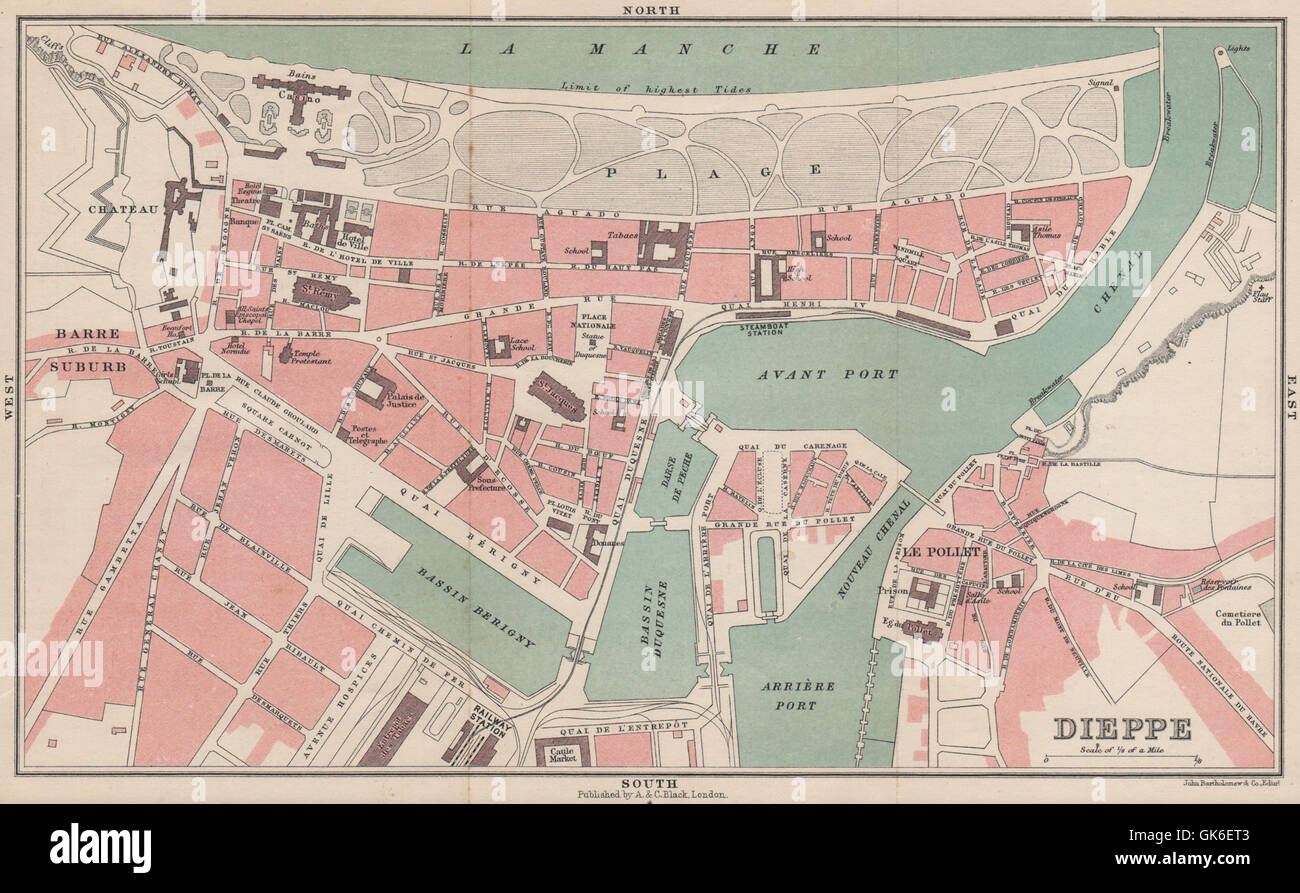 DIEPPE antique town city plan de la ville. Seine-Maritime, 1913 antique map Stock Photo