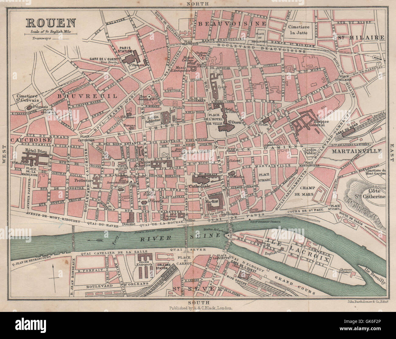 ROUEN antique town city plan de la ville. Seine-Maritime, 1913 antique map Stock Photo