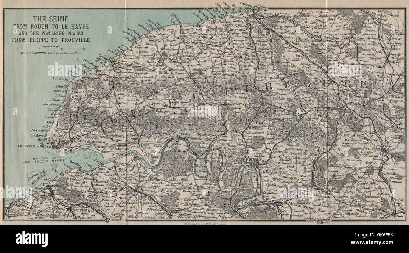 SEINE VALLEY. Rouen-Le Havre. Seine-Maritime & Eure. Dieppe Trouville, 1913 map Stock Photo