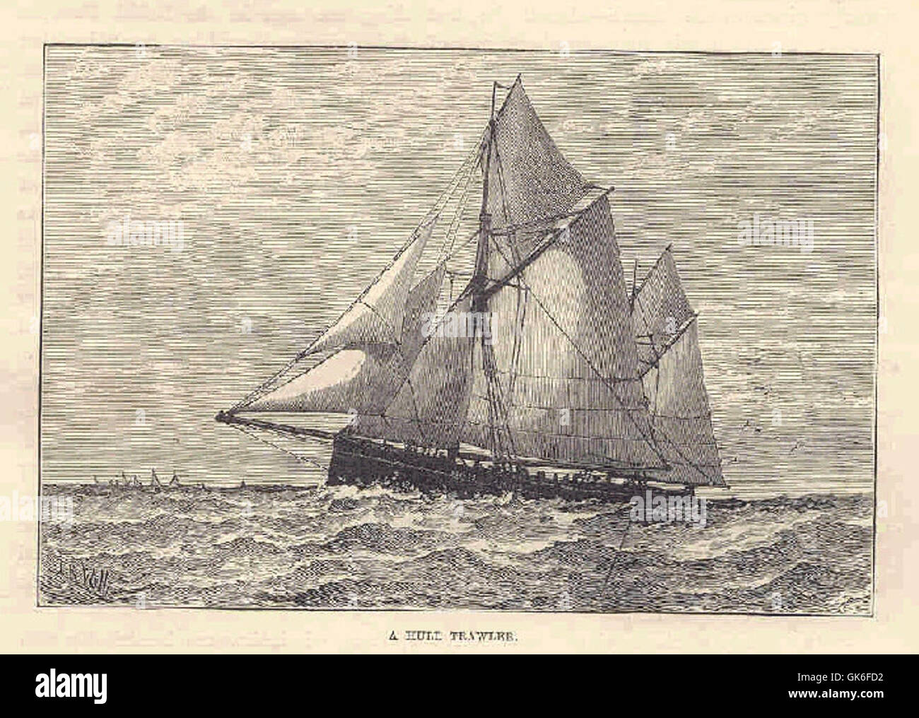 This image depicts a hull trawler, a type of fishing vessel designed ...