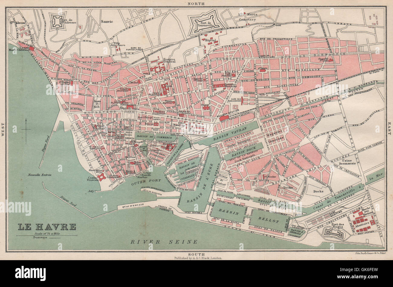 LE HAVRE antique town city plan de la ville. Seine-Maritime, 1913 antique map Stock Photo