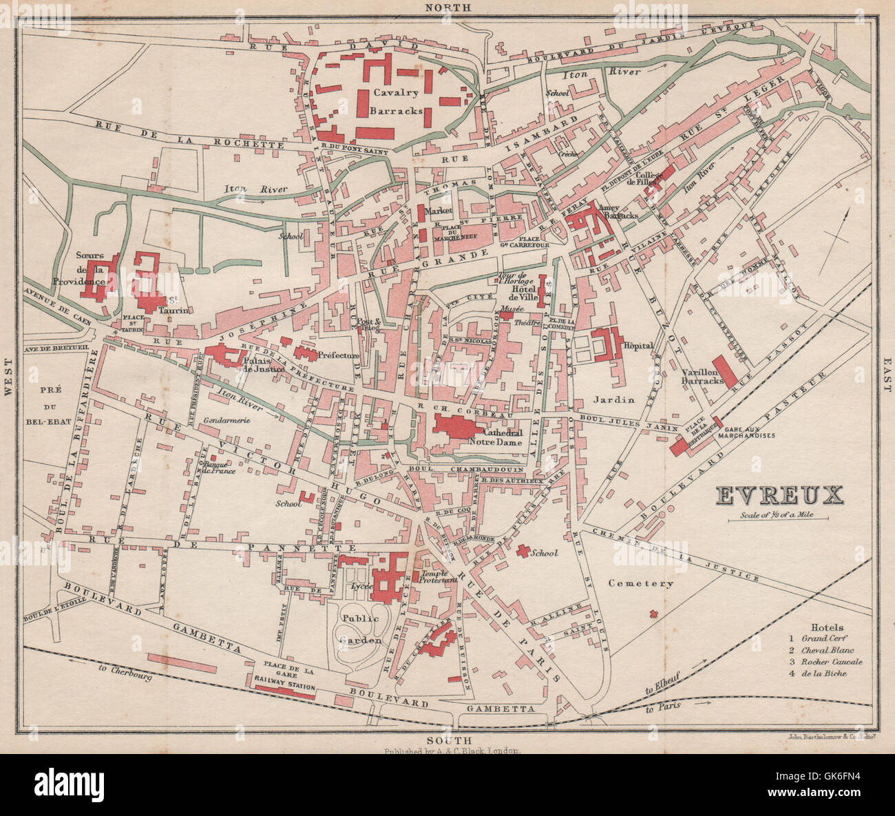 EVREUX antique town city plan de la ville. Eure, 1913 antique map Stock Photo
