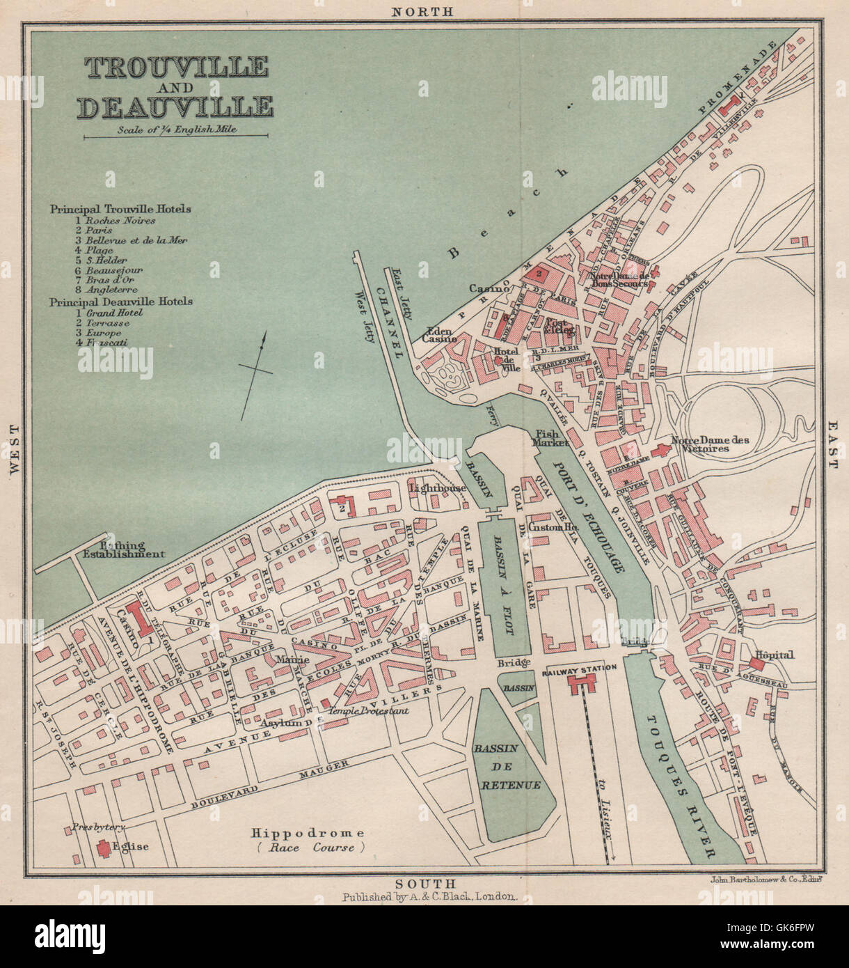 TROUVILLE DEAUVILLE antique town city plan de la ville. Seine-Maritime, 1913 map Stock Photo