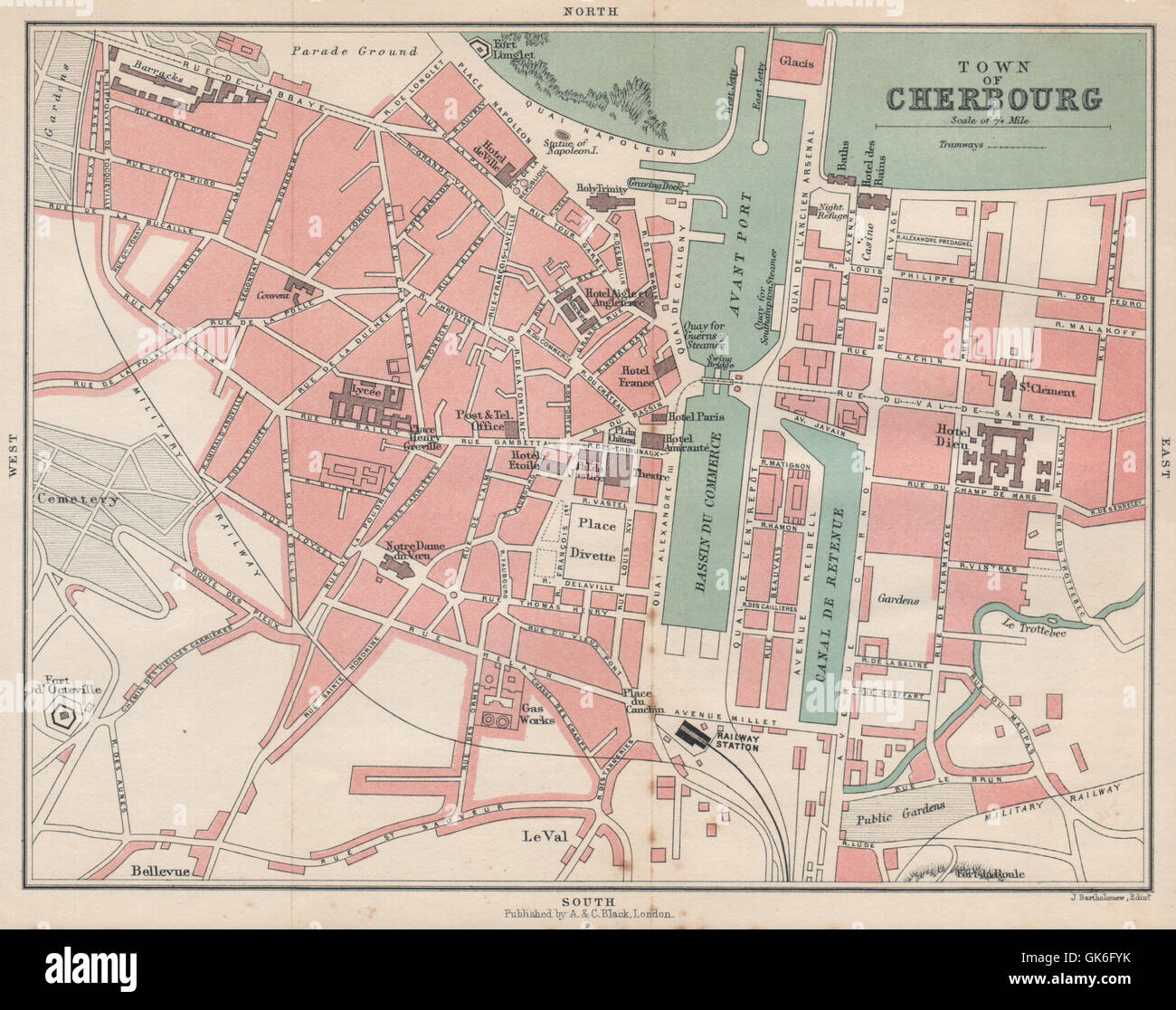 CHERBOURG antique town city plan de la ville. Manche, 1913 antique map Stock Photo