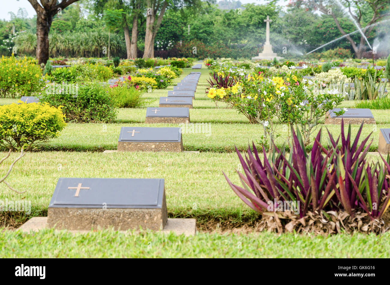 Chungkai War Cemetery this is historical monuments where to respect prisoners of the World War 2 who rest in peace here, Kanchan Stock Photo