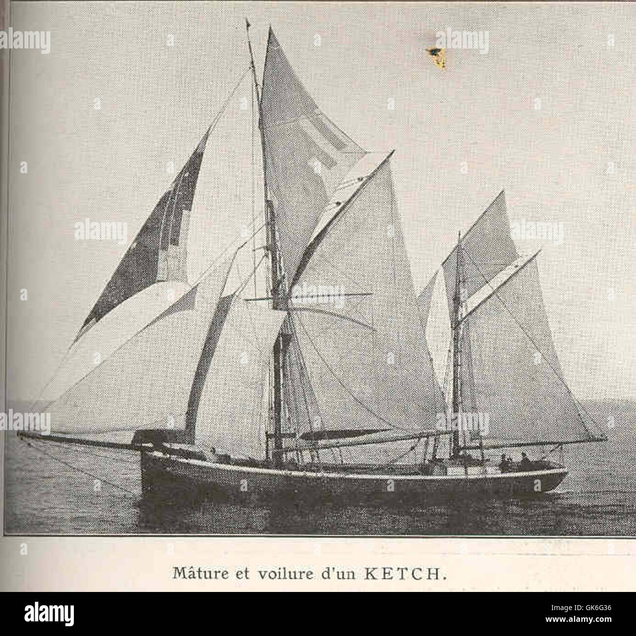 This image depicts the mature sails and rigging of a ketch, a two ...