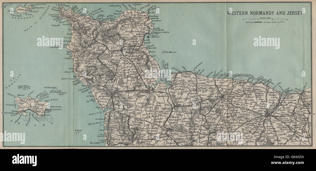 Western Normandy Normandie and Jersey. Railways Chemins de Fer, 1913 old map Stock Photo