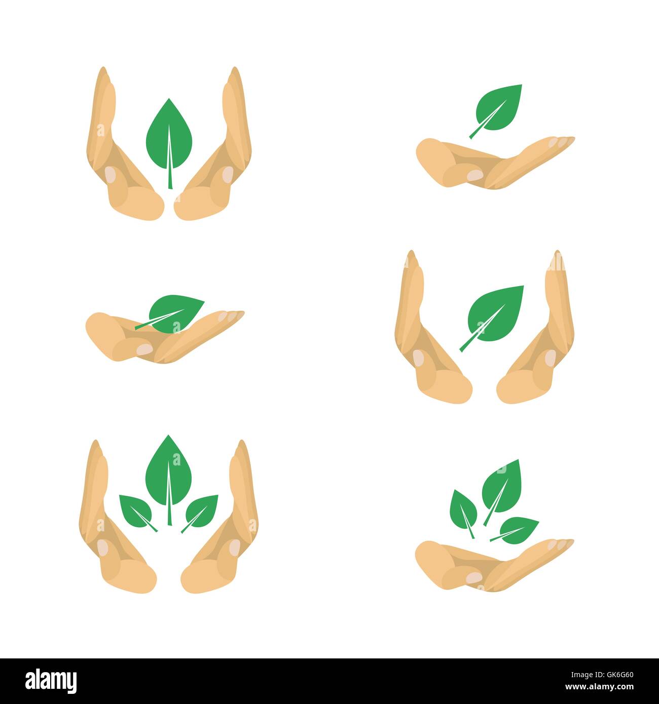 6 vector variants of ecology protection symbols for poster: leaf in hand Stock Vector