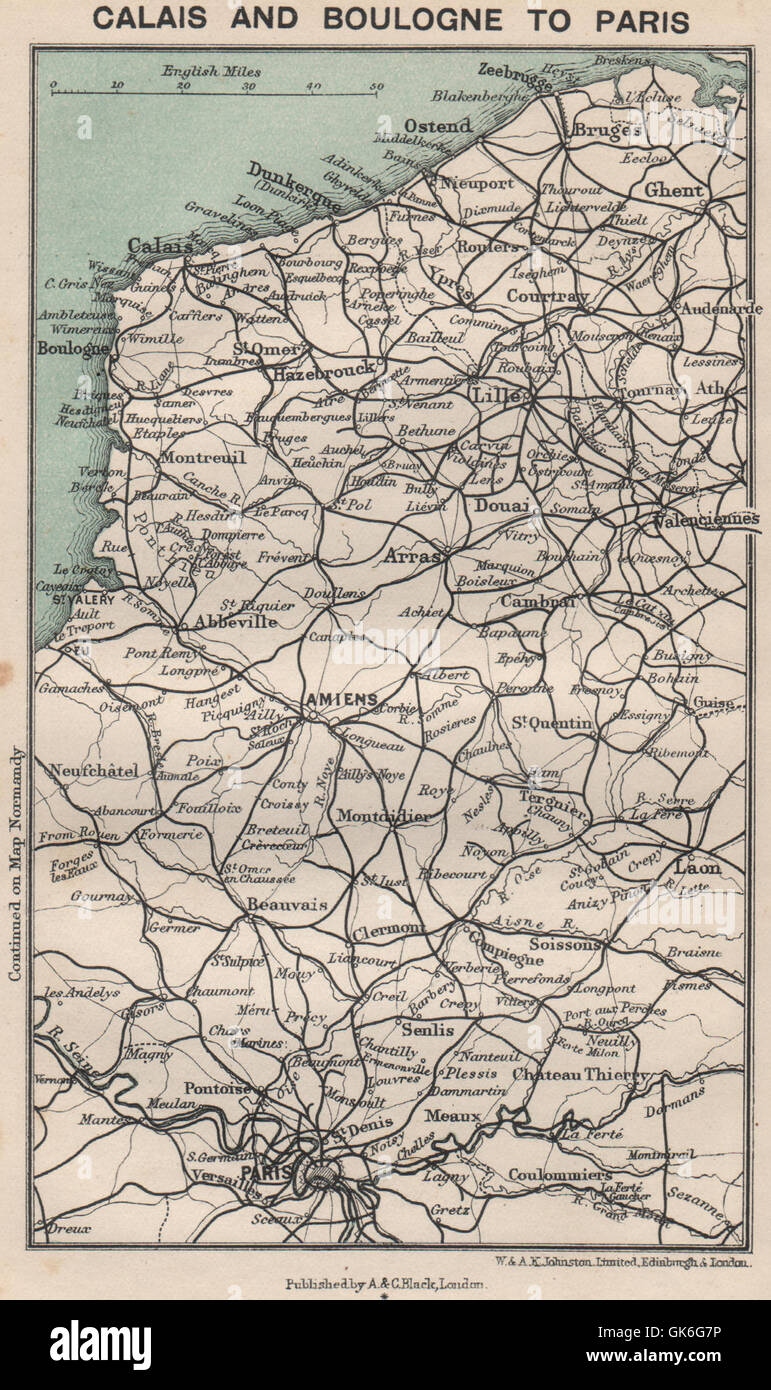 Pas-de-Calais & Somme railways chemins de fer. Calais Boulogne to Paris 1913 map Stock Photo