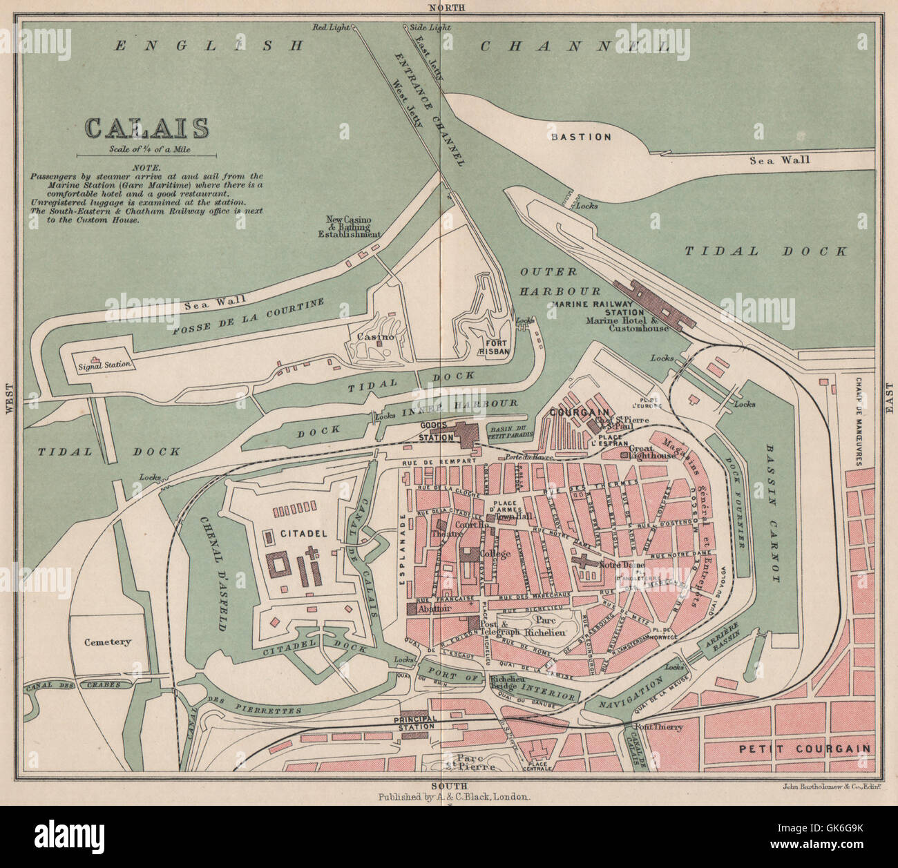 CALAIS antique town city plan de la ville. Harbour port. Pas-de-Calais 1913 map Stock Photo