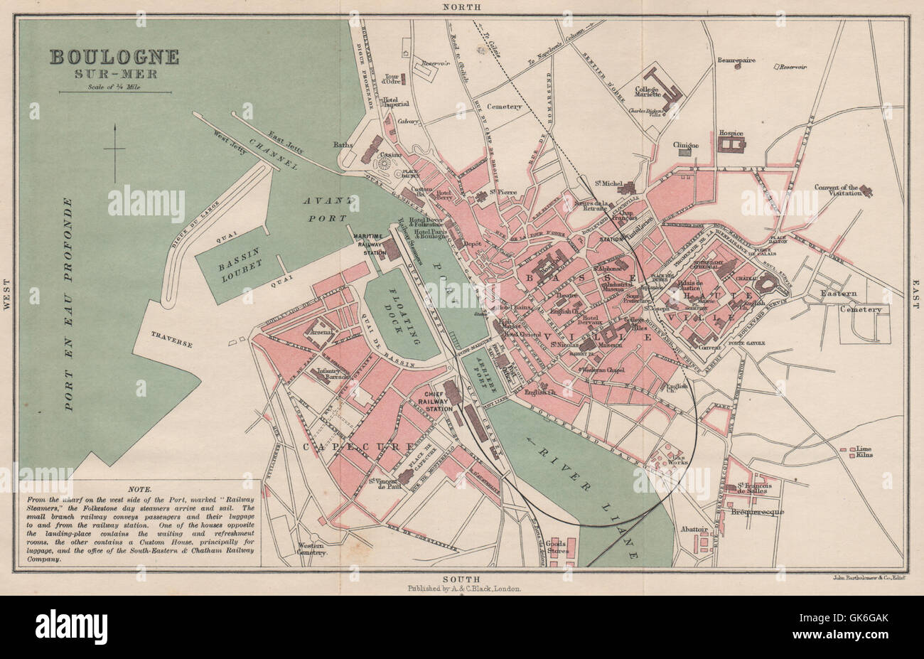 BOULOGNE-SUR-MER antique town city plan de la ville. Harbour port, 1913 map Stock Photo