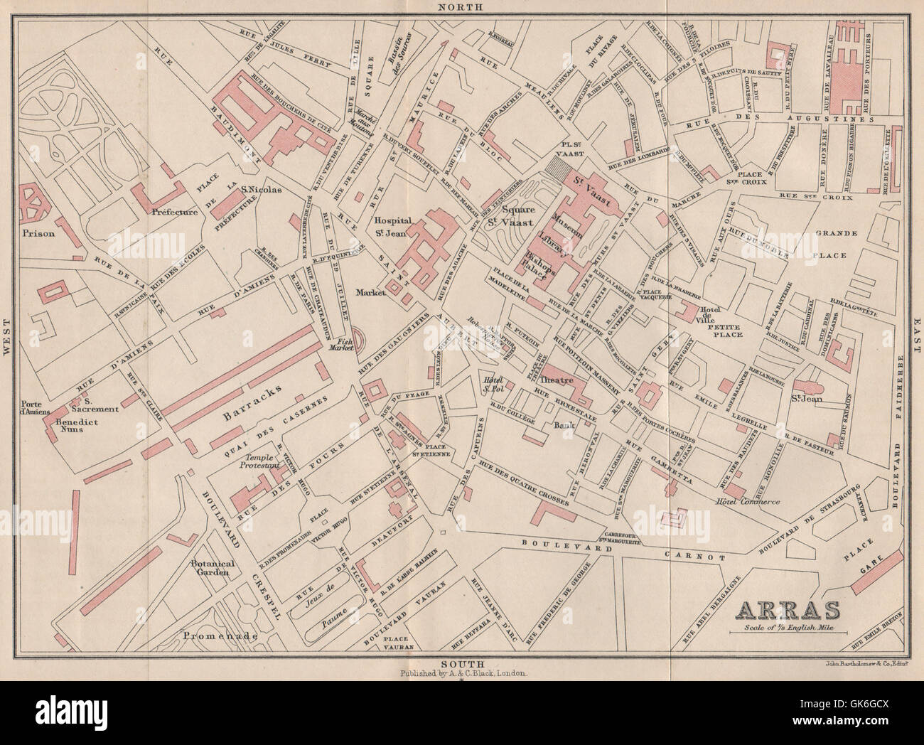 ARRAS antique town city plan de la ville. Pas-de-Calais, 1913 antique map Stock Photo