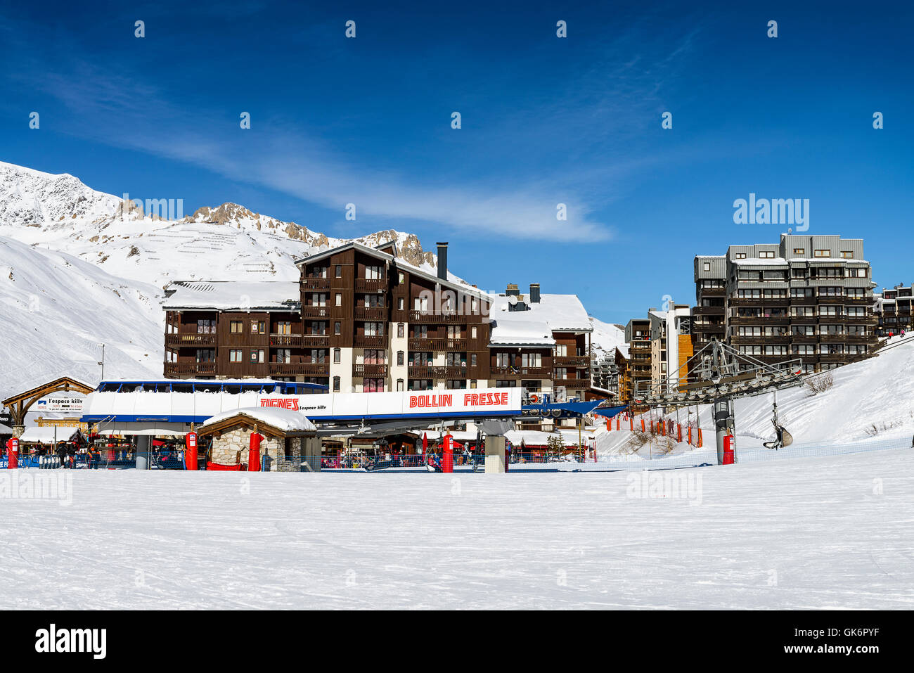 TIGNES, FRANCE - FEBUARY 09, 2015 : Tignes - Le Clavet-the famous ski resort in Tarentaise, french alps, France in winter Stock Photo