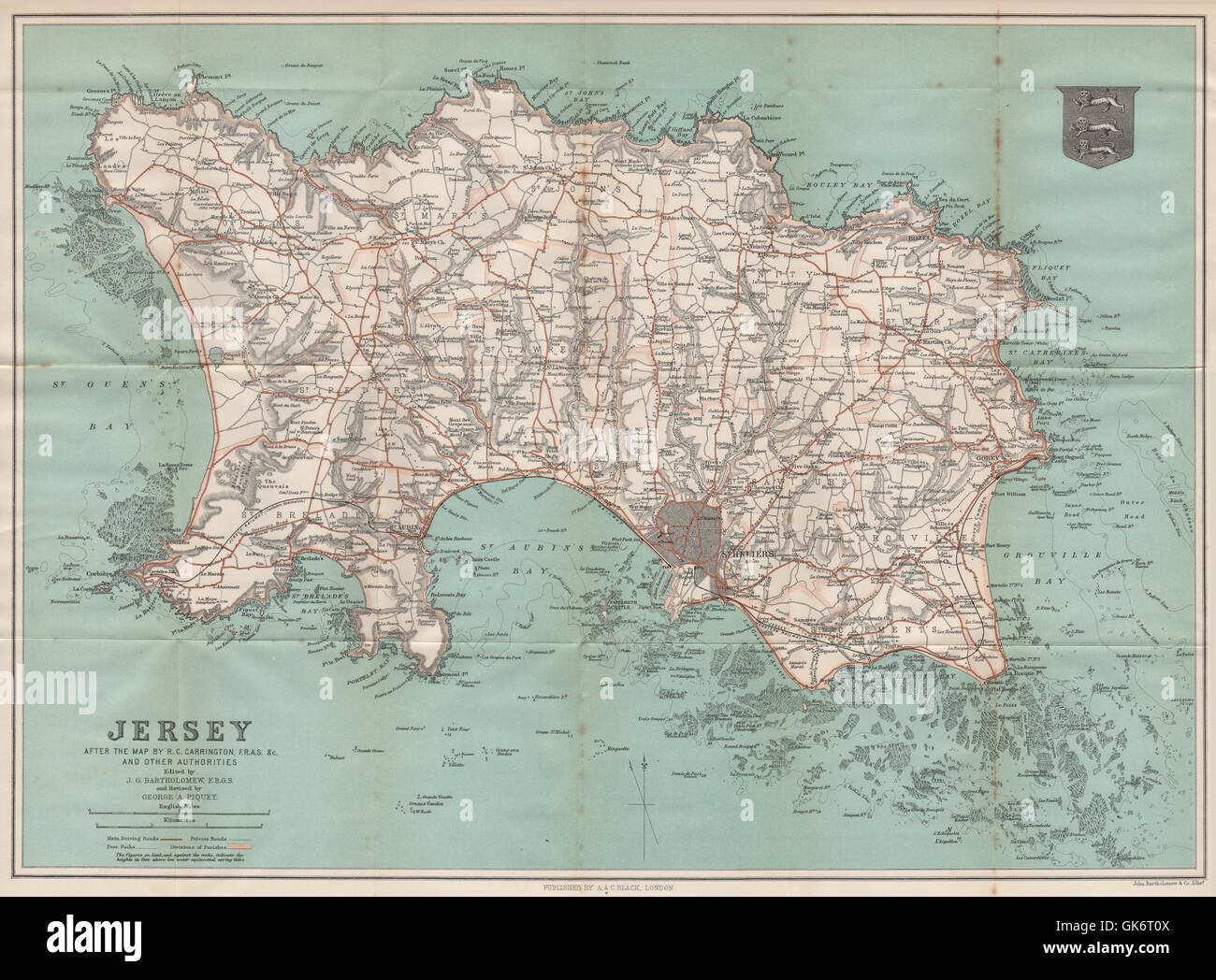 The island of JERSEY. St Helier. Channel Islands, 1913 antique map Stock Photo