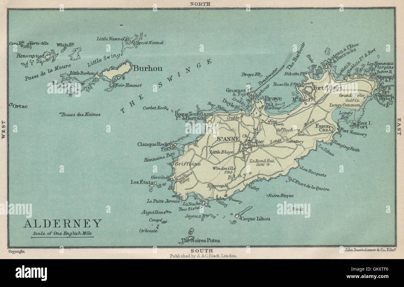 The island of ALDERNEY. St Anne. Channel Islands, 1913 antique map Stock Photo