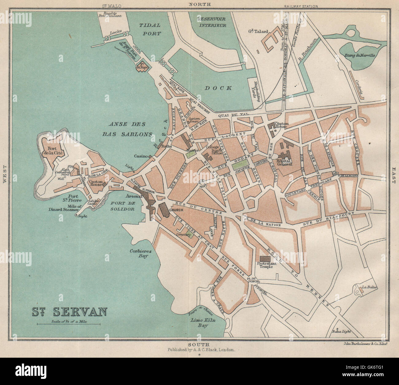 ST. SERVAN antique town city plan de la ville. Ille-et-Vilaine, 1913 ...